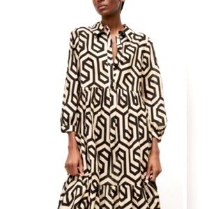 ZARA black ecru geometric print cotton tiered midi dress 3/4 sleeve